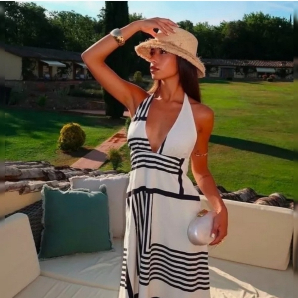 Zara Cotton Dress Halter Black Cream Maxi Size M - Picture 5 of 16